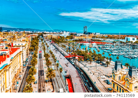 Panorama on Barcelona Seaport from Columbus monument.Barcelona. Spain. Panorama on Barcelona Seaport from Columbus monument.Barcelona. Spain. 74113569