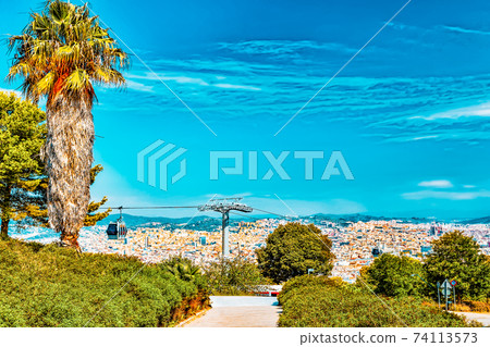 Panorama on Barcelona city from Montjuic castle.Catalonia.Cableway. Spain. Panorama on Barcelona city from Montjuic castle.Catalonia.Cableway. Spain. 74113573