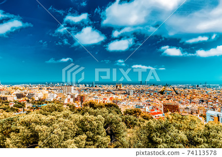 Panorama on Barcelona city from Montjuic castle.Catalonia. Spain. 74113578