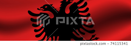 Banner with the flag of Albania. Fabric texture of the flag of Albania 74115341