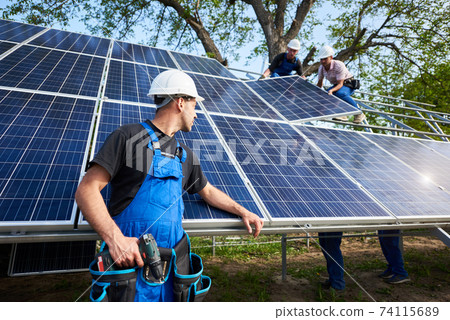 Stand-alone exterior solar panel system installation, renewable green energy generation concept. 74115689