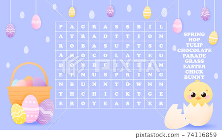 Cute little chick hiding in egg shell, easter eggs around and basket, word search puzzle for kis, worksheet for school 74116859