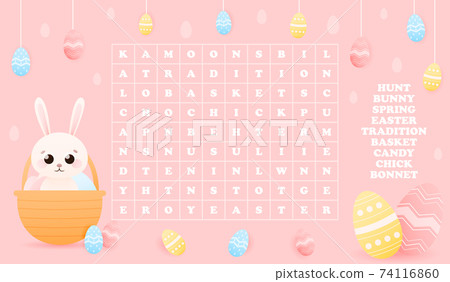 Word search riddle for kids with cute animal character - easter bunny hiding in basket with painted eggs on pink 74116860