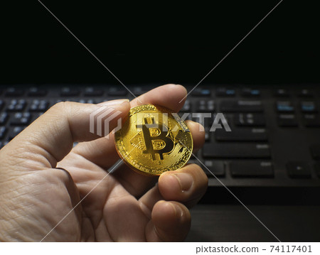 Golden bitcoin holding in a hand with the computer keyboard blurred on background 74117401