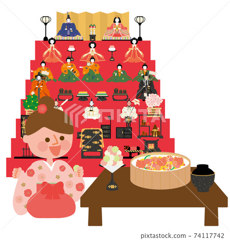 Hina娃娃和女孩與七層裝飾Chirashizushi和Hina-arare Hina娃娃和女孩與七層裝飾Chirashizushi和Hina-arare 74117742