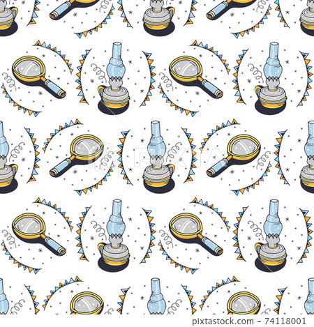 Kerosene lamps and magnifiers. Seamless pattern on a white background. Cute vector illustration. Kerosene lamps and magnifiers. Seamless pattern on a white background. Cute vector illustration. 74118001