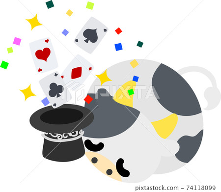 Illustration of a cow that looks like a stuffed animal doing magic tricks with a top hat 74118099
