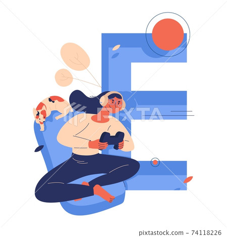 E sports concept illustration with young woman playing with controller, cat sleeping on back of chair and capital letter E isolated on white. Vector concept illustration E sports concept illustration with young woman playing with controller, cat sleeping on back of chair and capital letter E isolated on white. Vector concept illustration 74118226