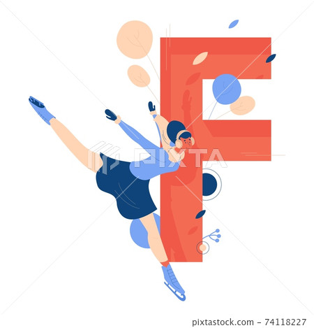 Vector letter F for figure skating with young woman in winter clothes on skates. Isolated on white background healthy lifestyle illustration Vector letter F for figure skating with young woman in winter clothes on skates. Isolated on white background healthy lifestyle illustration 74118227