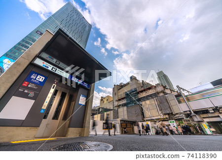 Tokyo cityscape of Japan: Elevator (air valve in front) of Shibuya station, subway / Shibuya station (doorway), JR Shibuya station / doorway Tokyo cityscape of Japan: Elevator (air valve in front) of Shibuya station, subway / Shibuya station (doorway), JR Shibuya station / doorway 74118390