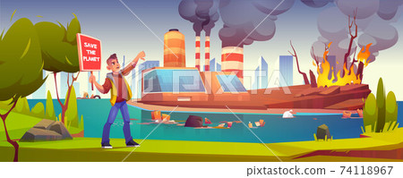 Eco protest, man with save planet banners strike 74118967