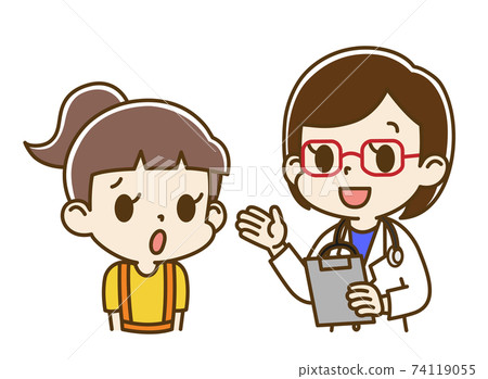 Girl (anxious face) interviewed by a female doctor Girl (anxious face) interviewed by a female doctor 74119055