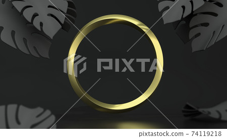 Golden circle frame on black background with monstera leaves. 3D Illustration. Front view. Abstract floral geometry mockup, black key lighting. Golden circle frame on black background with monstera leaves. 3D Illustration. Front view. Abstract floral geometry mockup, black key lighting. 74119218