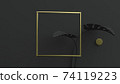Golden square frame on black background with monstera leaves. 3D Illustration. Front view. Abstract floral geometry mockup, black key lighting. 74119223