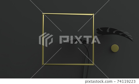 Golden square frame on black background with monstera leaves. 3D Illustration. Front view. Abstract floral geometry mockup, black key lighting. Golden square frame on black background with monstera leaves. 3D Illustration. Front view. Abstract floral geometry mockup, black key lighting. 74119223