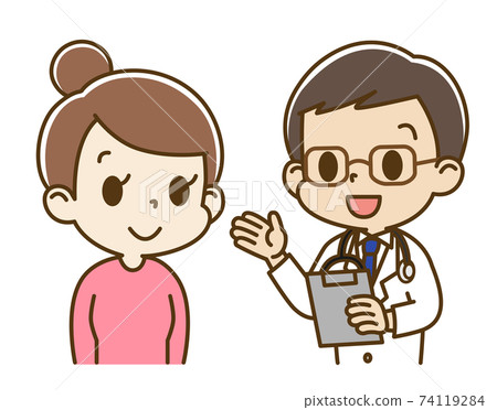 Young woman (smiles) interviewed by a male doctor Young woman (smiles) interviewed by a male doctor 74119284