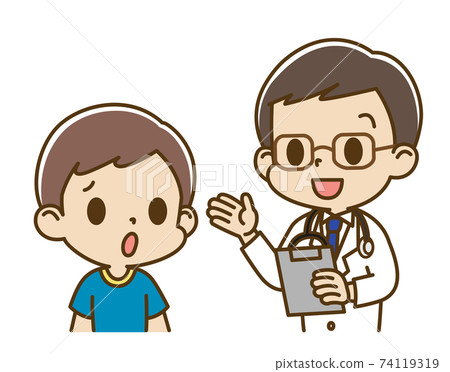 Boy (anxious face) interviewed by a male doctor 74119319