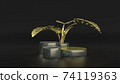 Gold monstera leaves and product stand minimal scene. 3D Illustration. Front view. Marble cylinders isolated on background. 74119363
