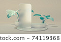 Frosted glass frame of a phone template application on podium. 3D Illustration. Front view. Marble cylinder scene with monstera leaves isolated on background. 74119368