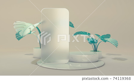 Frosted glass frame of a phone template application on podium. 3D Illustration. Front view. Marble cylinder scene with monstera leaves isolated on background. 74119368