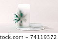 Frosted glass frame of a phone template application on podium. 3D Illustration. Front view. Marble cylinder scene with leaves isolated on background. 74119372