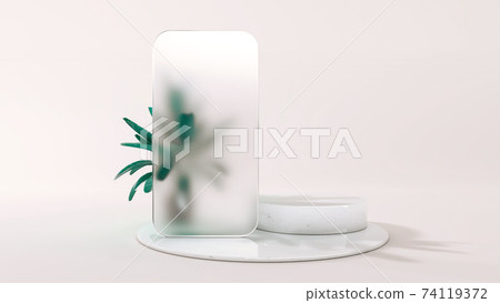 Frosted glass frame of a phone template application on podium. 3D Illustration. Front view. Marble cylinder scene with leaves isolated on background. Frosted glass frame of a phone template application on podium. 3D Illustration. Front view. Marble cylinder scene with leaves isolated on background. 74119372