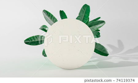Cirle frame product stand with falling leaves. 3D Illustration. Front view. Marble cylinder stand isolated on background. Abstract minimal scene 74119374