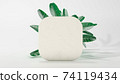 Rounded square frame podium with falling leaves. 3D Illustration. Front view. Marble square isolated on background. Abstract minimal scene 74119434