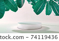 Cylinder product stand with falling leaves. 3D Illustration. Front view. Marble circle podium isolated on white background. Abstract minimal scene 74119436
