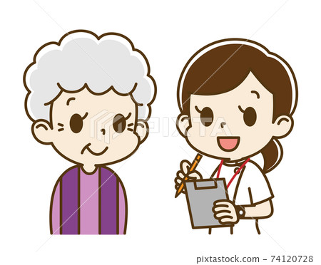 Elderly woman (smiles) interviewed by a female nurse Elderly woman (smiles) interviewed by a female nurse 74120728