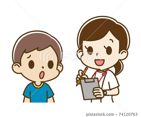 Boy (anxious face) interviewed by a female nurse Boy (anxious face) interviewed by a female nurse 74120763