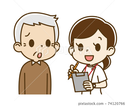 Elderly man (anxious face) interviewed by a female nurse Elderly man (anxious face) interviewed by a female nurse 74120766