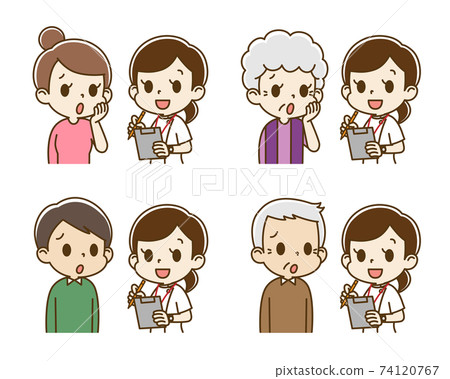 A set of people who are interviewed by a female nurse (anxious face) A set of people who are interviewed by a female nurse (anxious face) 74120767