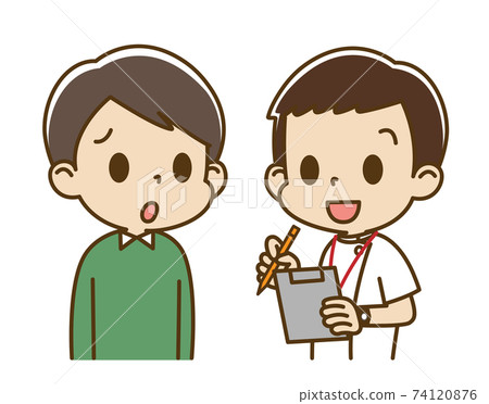 Young man receiving an interview from a male nurse (anxious face) 74120876