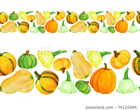 Orange green pumpkin watercolor seamless border Orange green pumpkin watercolor seamless border 74120994