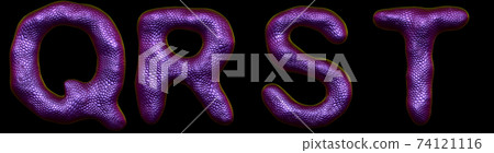 Set of letters Q, R, S, T made of realistic 3d render natural purple snake skin texture. Set of letters Q, R, S, T made of realistic 3d render natural purple snake skin texture. 74121116