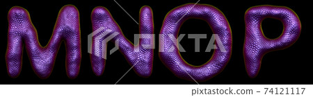 Set of letters M, N, O, P made of realistic 3d render natural purple snake skin texture. Set of letters M, N, O, P made of realistic 3d render natural purple snake skin texture. 74121117
