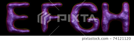 Set of letters E, F, G, H made of realistic 3d render natural purple snake skin texture. 74121120