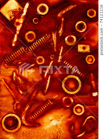 Imprint of rusty bolts, nuts, springs and other items 74121216