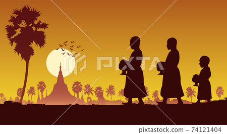 food offering to a monk or ask as a favour receive food or ask for alms,routine of monk,walking pass famous pagoda of myanmar,vector illustration food offering to a monk or ask as a favour receive food or ask for alms,routine of monk,walking pass famous pagoda of myanmar,vector illustration 74121404
