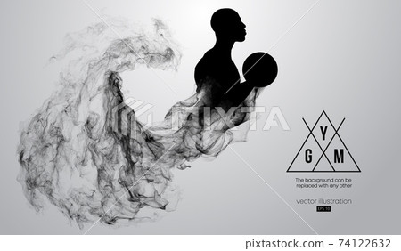 Abstract silhouette of a bodybuilder. gym logo on the white background from particles, dust, smoke, steam. Bodybuilder training. Background can be changed to any other. Vector illustration 74122632