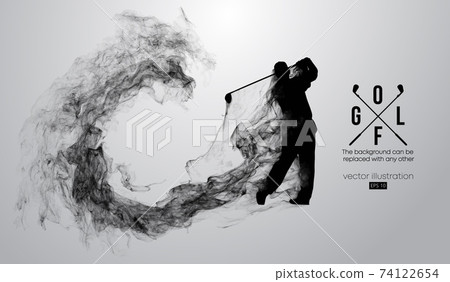 Abstract silhouette of a golf player, golfer on the white background from particles, dust, smoke, steam. Golfer kicks the ball. Background can be changed to any other. Vector illustration Abstract silhouette of a golf player, golfer on the white background from particles, dust, smoke, steam. Golfer kicks the ball. Background can be changed to any other. Vector illustration 74122654