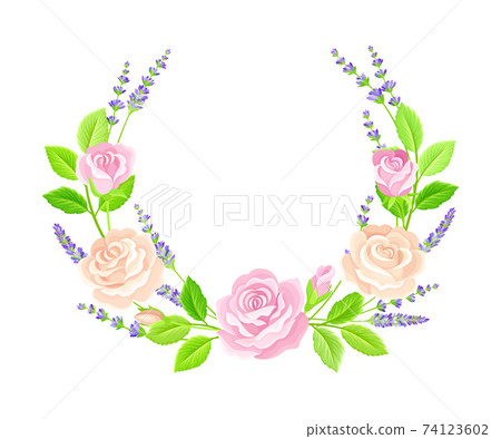Semicircle Floral Frame with Lavender Twigs and Rose Buds Vector Illustration 74123602