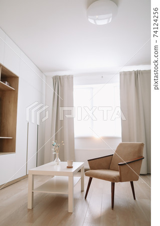 Stylish bright living room with comfortable armchair and table by the window. 74124256