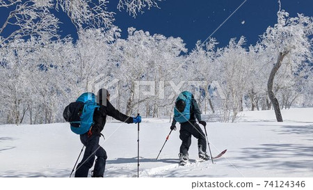 一位高山滑雪者,遠足在晴朗的天氣裡照耀著霧rim的樹木和雪山 一位高山滑雪者,遠足在晴朗的天氣裡照耀著霧rim的樹木和雪山 74124346