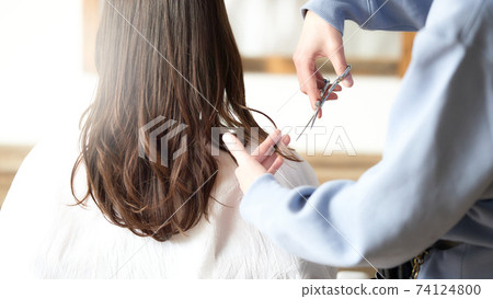 在剪髮的美髮師的手中 74124800