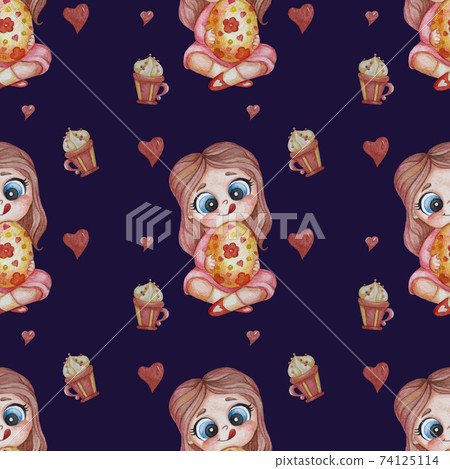 Seamless patterns. Easter pattern. A cute girl with a hairstyle sits with a large Easter egg in her hands and licks her lips on a dark blue background with hearts and dessert. Watercolor 74125114