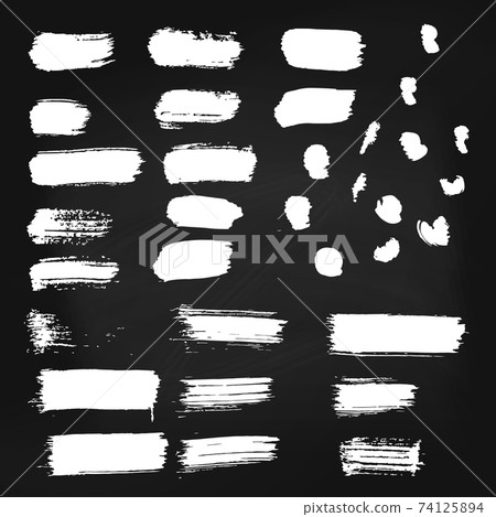 Set of vector white paint brush spots on chalkboard background. Big set of watercolor strokes isolated on black. Grunge texture, artistic design elements or text box 74125894