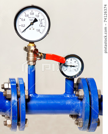 Manometers in the metering system and water pressure, close-up, copy space. 74126374