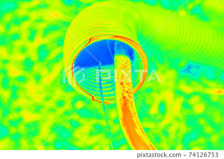 Bent tube secure cable in ground. Wet ground. Infrared thermovision Bent tube secure cable in ground. Wet ground. Infrared thermovision 74126753